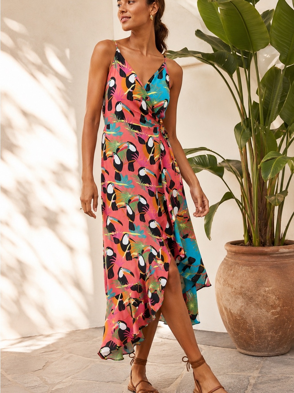 FARM Rio for Anthropologie Toucan Tropical Wrap Midi Dress S